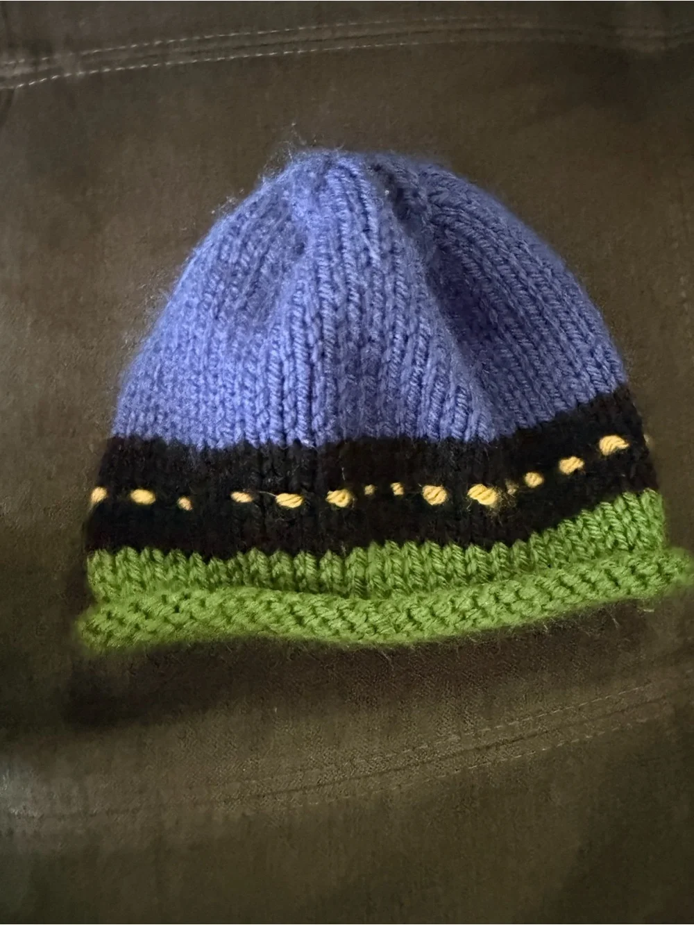 Kids Knit Beanie with Red Car Accent - Blue, Green & Black